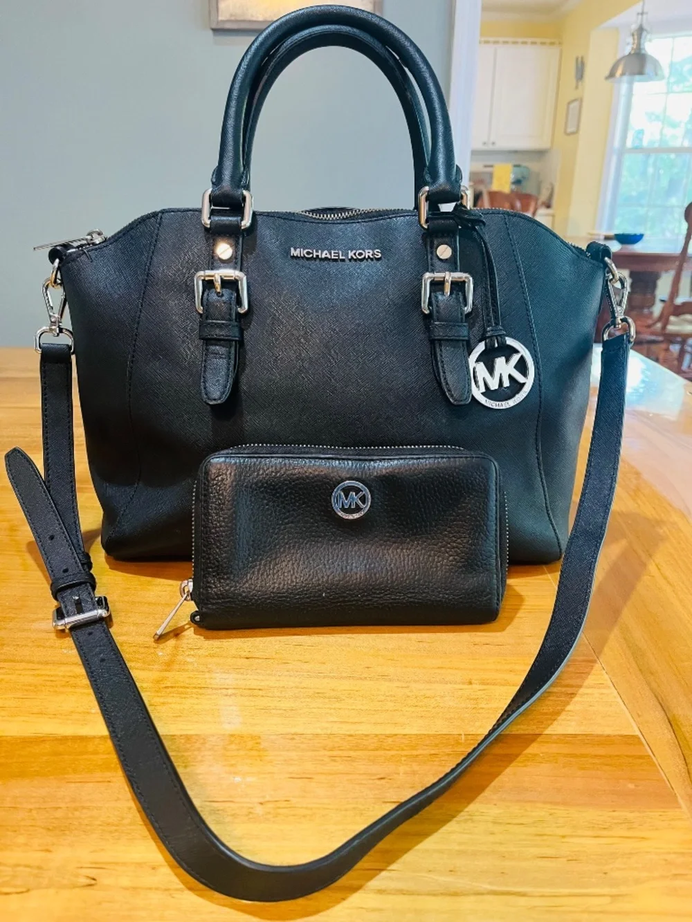 Michael Kors Black Large Saffiano Leather Satchel Silver with Black Wallet